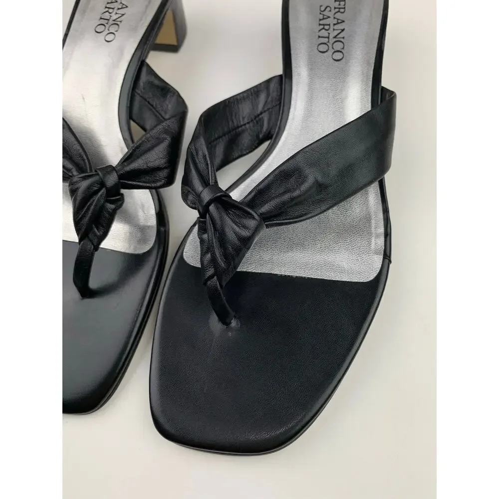 Franco Sarto Plush Sandals Slip On Black Leather Thong Heels Women's 8.5